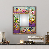 Reverse-painted glass wall accent mirror, 'Dance of the Winds' - Hummingbird-Themed Reverse-Painted Glass Wall Accent Mirror