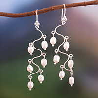 Cultured pearl chandelier earrings, 'Ocean Baubles' - Silver-White Pearl and Sterling Silver Chandelier Earrings