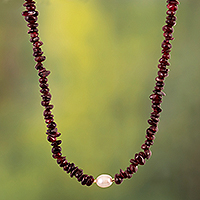 Gold-accented garnet and cultured pearl beaded necklace, 'Passion Pearl' - Garnet and White Pearl Beaded Necklace with Golden Accents