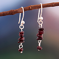 Garnet beaded dangle earrings, 'Fire Glints' - Natural Garnet and Sterling Silver Beaded Dangle Earrings