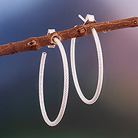 Sterling silver half-hoop earrings, 'Diamond Glint' (1.25 inch) - Patterned Sterling Silver Half-Hoop Earrings Made in Peru