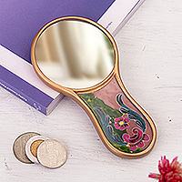 Reverse-painted glass hand mirror, 'Primaveral Fields' - Baroque-Themed Floral Reverse-Painted Glass Wood Hand Mirror