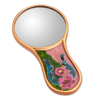 Reverse-painted glass hand mirror, 'Primaveral Fields' - Baroque-Themed Floral Reverse-Painted Glass Wood Hand Mirror