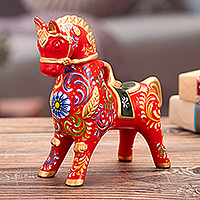 Ceramic sculpture, 'Red Horse of Pucara' - Traditional Andean Red and Golden Ceramic Horse Sculpture