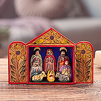 Wood and ceramic nativity retablo, 'Caring for Baby Jesus' - Religious Artisan-Made Wood and Ceramic Nativity Retablo