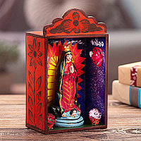 Wood and ceramic retablo, 'Hope in Guadalupe' - Religious Hand-Painted Wood Virgin of Guadalupe Retablo