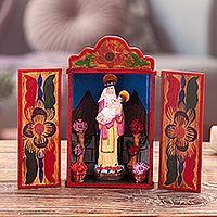 Wood and ceramic retablo, 'Saint Rose' - Religious Hand-Painted Wood and Ceramic Rose of Lima Retablo