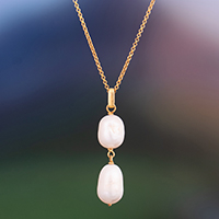 Gold-plated cultured pearl pendant necklace, 'Radiant Duo' - Polished 18k Gold-Plated Silver-White Pearl Pendant Necklace