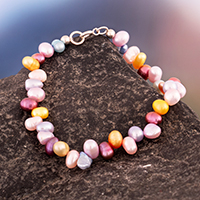 Cultured pearl beaded bracelet, 'Pond Fantasy' - Handmade Cultured Pearl Beaded Bracelet in a Spring Palette