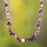 Gold-accented amethyst and cultured pearl beaded pendant necklace, 'Serenity Pearl' - Gold-Accented Amethyst Necklace with Cultured Pearl Pendant