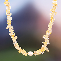 Gold-accented citrine and cultured pearl beaded necklace, 'Prosperity Pearl' - Gold-Accented Citrine and Silver-White Pearl Beaded Necklace