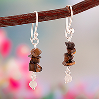 Tiger's eye and rose quartz beaded dangle earrings, 'Delightful Glints' - Tiger's Eye and Rose Quartz Beaded Silver Dangle Earrings