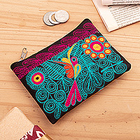 Embroidered coin purse, 'Free Feathers' - Turquoise and Fuchsia Embroidered Hummingbird Coin Purse