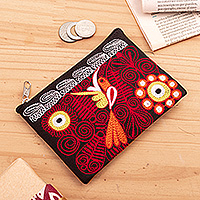 Embroidered coin purse, 'Fire Flight' - Handcrafted Bird-Themed Red Acrylic Embroidered Coin Purse