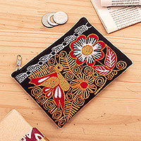 Embroidered coin purse, 'Evening Butterfly' - Butterfly-Themed Embroidered Coin Purse in Orange and Red