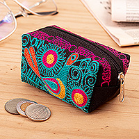 Embroidered cosmetic bag, 'Charmed Feathers' - Andean-Themed Turquoise and Fuchsia Embroidered Cosmetic Bag