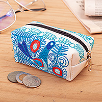 Embroidered cosmetic bag, 'Ethereal Feathers' - Bird-Themed Blue and White Acrylic Embroidered Cosmetic Bag