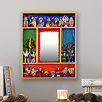 Wood and ceramic wall mirror, 'Garden of Eden' - Nativity and Garden of Eden-Themed Wood Ceramic Wall Mirror