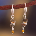 Gold-accented labradorite and agate beaded dangle earrings, 'Evening Gems' - Labradorite and Agate Dangle Earrings with Golden Accents
