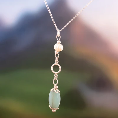 Opal and cultured pearl pendant necklace, 'Sublime Contrast' - Silver Pendant Necklace with Opal and Cultured Pearl Gems