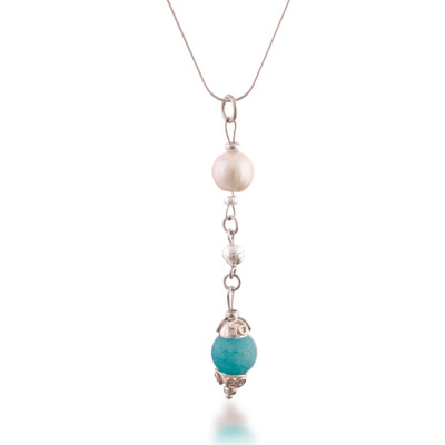 Amazonite and cultured pearl pendant necklace, 'Wave Reflection' - Silver Pendant Necklace with Amazonite and Cultured Pearl