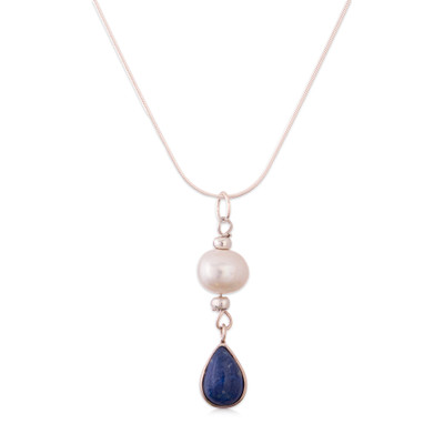 Lapis lazuli and cultured pearl pendant necklace, 'Depths of the River' - Silver Pendant Necklace with Lapis Lazuli and Cultured Pearl