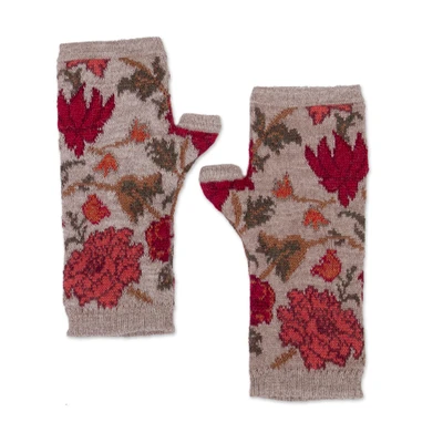 100% baby alpaca fingerless mittens, 'Autumn Garden' - Baby Alpaca Fingerless Mittens with Jacquard Floral Motifs