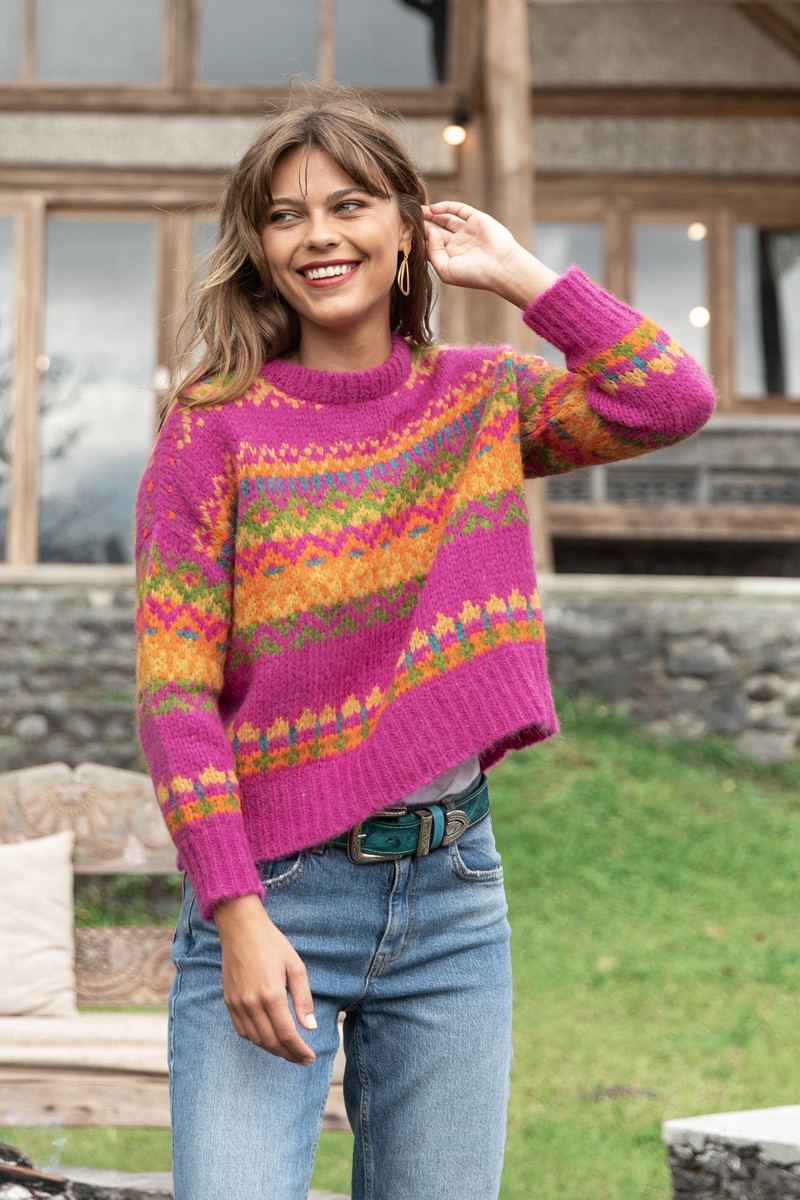 Ribbed Knit Alpaca Blend Pullover Sweater in Fuchsia Shade - Color