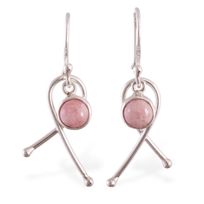 Rhodonite dangle earrings, 'Knots of Compassion' - Modern Natural Rhodonite Cabochon Dangle Earrings from Peru