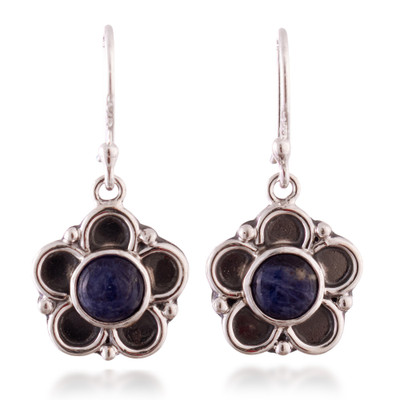 Sodalite dangle earrings, 'Heaven Roots' - Floral Natural Sodalite Cabochon Dangle Earrings from Peru