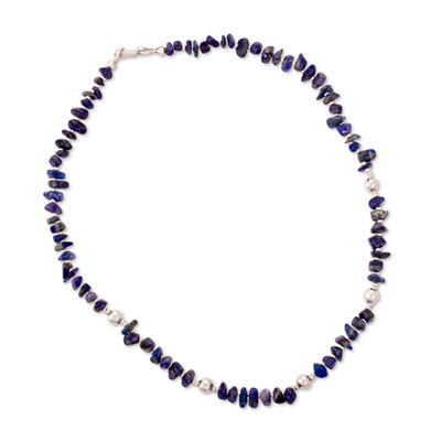 Lapis lazuli beaded necklace, 'Regal Truth' - Natural Lapis Lazuli and Sterling Silver Beaded Necklace