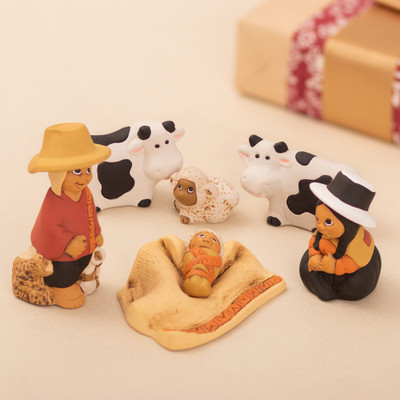 Ceramic nativity scene, 'Miracle in Ayacucho' (set of 7) - Andean-Themed Painted 7-Piece Ceramic Nativity Scene Set