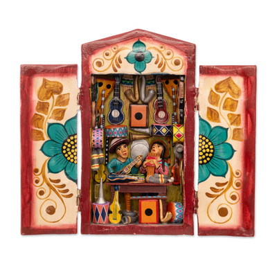 Wood and ceramic retablo, 'Andean Music Store' - Hand-Painted Wood and Ceramic Retablo of Andean Music Store