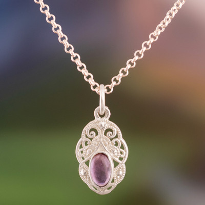 Amethyst pendant necklace, 'Antique Whispers' - High-Polished Natural Amethyst Cabochon Pendant Necklace