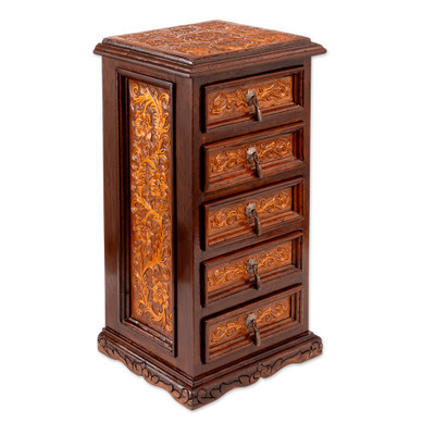 Leather and wood jewelry chest, 'Sublime Memories' - Baroque-Inspired Embossed Leather and Wood Jewelry Chest