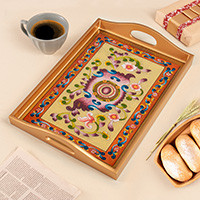Reverse painted glass tray, 'Evening Harvest' - Golden-Toned Handcrafted Floral Reverse-Painted Glass Tray