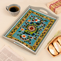 Reverse painted glass tray, 'Morning Harvest' - Silver-Toned Handcrafted Floral Reverse-Painted Glass Tray