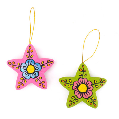 Ceramic ornaments, 'Ayacucho Bloomed Stars' (pair) - 2 Colorful Ceramic Star-Shaped Floral Christmas Ornaments