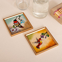 Reverse-painted glass coasters, 'Sunset Hummingbirds' (pair) - 2 Hummingbird Floral-Themed Reverse-Painted Glass Coasters
