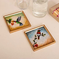 Reverse-painted glass coasters, 'Sunrise Hummingbirds' (pair) - 2 Hummingbird Floral-Themed Reverse-Painted Glass Coasters