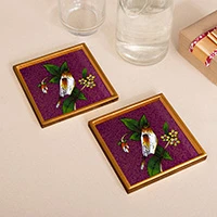 Reverse painted glass coasters, 'Floral Songbird' (pair) - Pair of Floral Bird Reverse Painted Glass Coasters from Peru