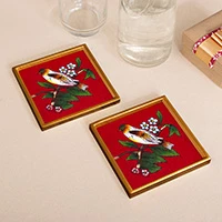 Reverse painted glass coasters, 'Charming Songbird' (pair) - Pair of Floral Bird Reverse Painted Glass Coasters from Peru