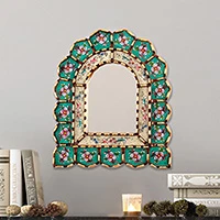Bronze-gilded reverse-painted glass wall mirror, 'Floral Arrangement' - Reverse-Painted Glass Floral Wall Mirror with Bronze Gilt