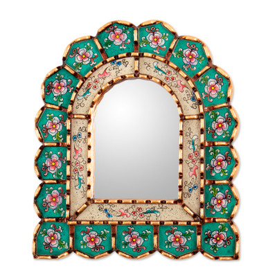 Bronze-gilded reverse-painted glass wall mirror, 'Floral Arrangement' - Reverse-Painted Glass Floral Wall Mirror with Bronze Gilt