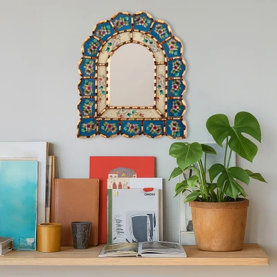 Bronze-gilded reverse-painted glass wall mirror, 'Blooming Arrangement' - Bronze-Gilded Reverse-Painted Glass Floral Wall Mirror