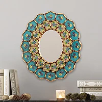 Bronze-gilded reverse-painted glass wall mirror, 'Rosy Arrangement' - Floral-Themed Bronze-Gilded Reverse-Painted Glass Mirror
