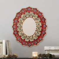 Bronze-gilded reverse-painted glass wall mirror, 'Flowery Arrangement' - Red Floral Bronze-Gilded Reverse-Painted Glass Wall Mirror