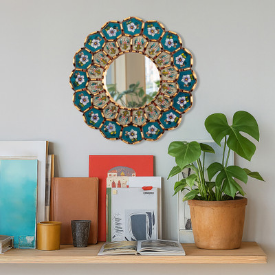 Bronze-gilded reverse-painted glass wall mirror, 'Bloomy Arrangement' - Bronze-Gilded Reverse-Painted Glass Mirror with Floral Theme