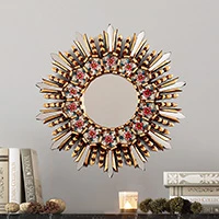Bronze-gilded reverse-painted glass wall mirror, 'Sun Bouquet' - Sun Floral-Themed Bronze-Gilded Reverse-Painted Glass Mirror