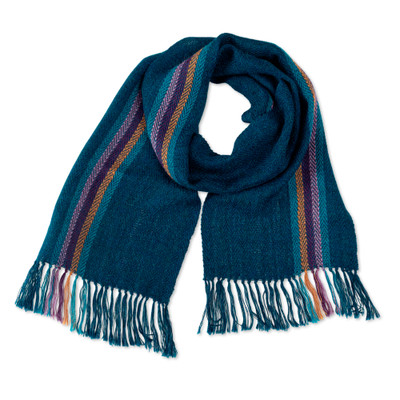 100% alpaca scarf, 'Teal Night' - Handwoven Fringed Soft 100% Alpaca Scarf in Teal Green Hues
